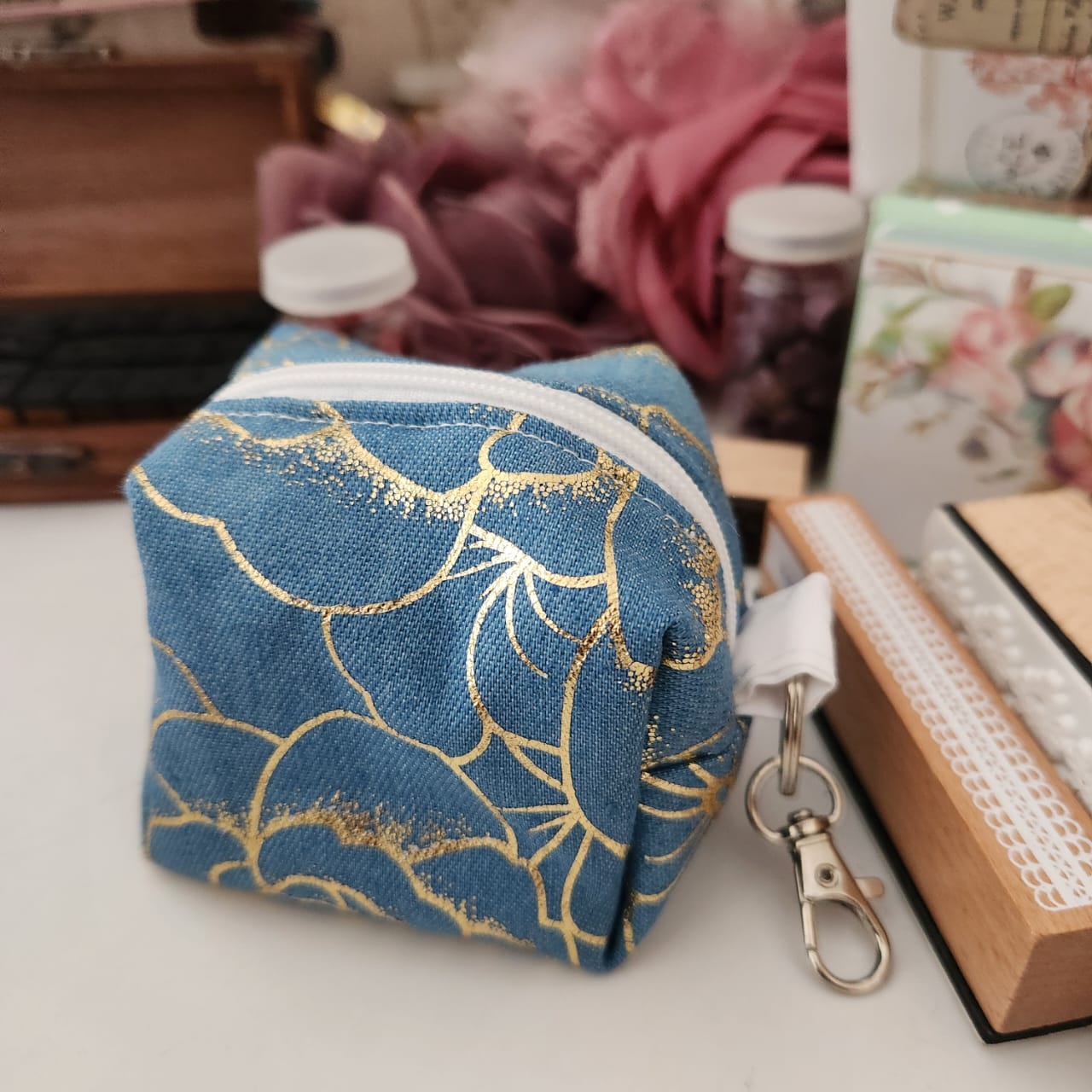 Floral Jeans Fabric Cube Pouch