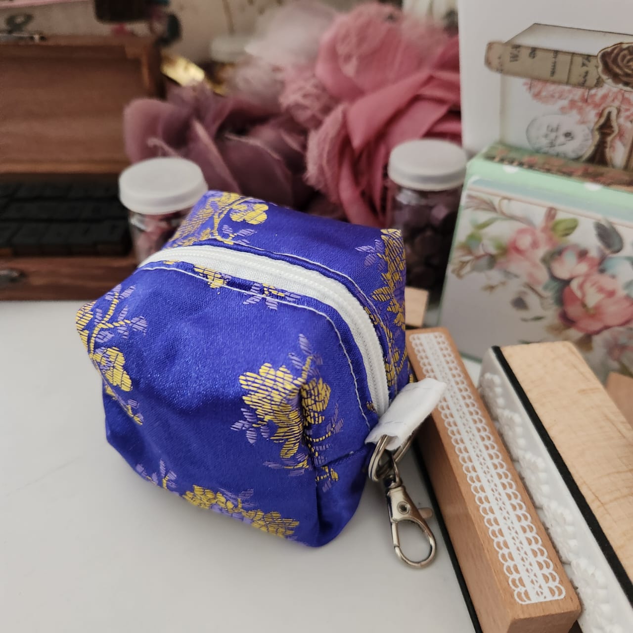 Blue Silk Fabric Cube Pouch